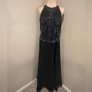 JKARA NY Elegant Black Beaded Top Halter Formal, Organza black Skirt, size 12